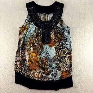 Cocomo Blouse Top Women Black Multi Animals Feather Print Round Neck Embellished